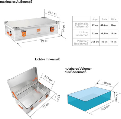 Alubox Alukiste abschliessbar E92-17 - Premium Aluminium Lagerbox 50 Liter - Deckel mit Aluminium Dr