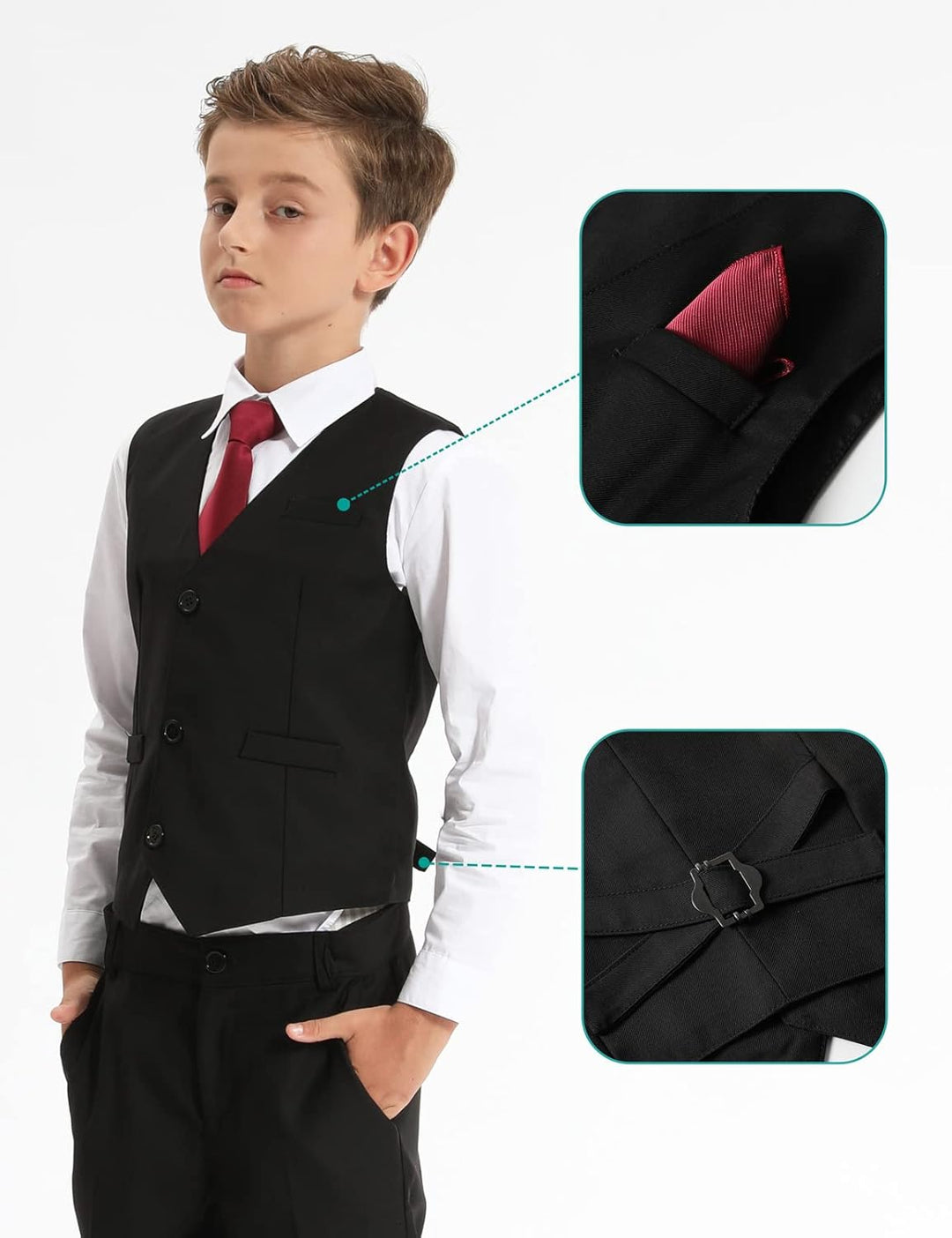 mintgreen 2er Set Anzüge für Jungen, Weste & Hose & Fliege & Krawatte & Einstecktuch, 116-164 140-14