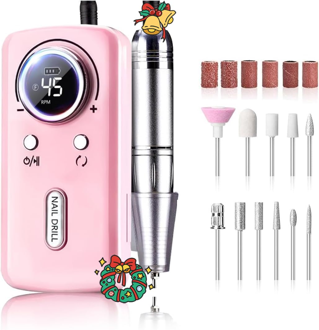Elektrische Nagelfeile/Nagelfräser 45000 U/min [LCD+12 Köpfe] – Leise aufladbare Nagelmaschine mit 1