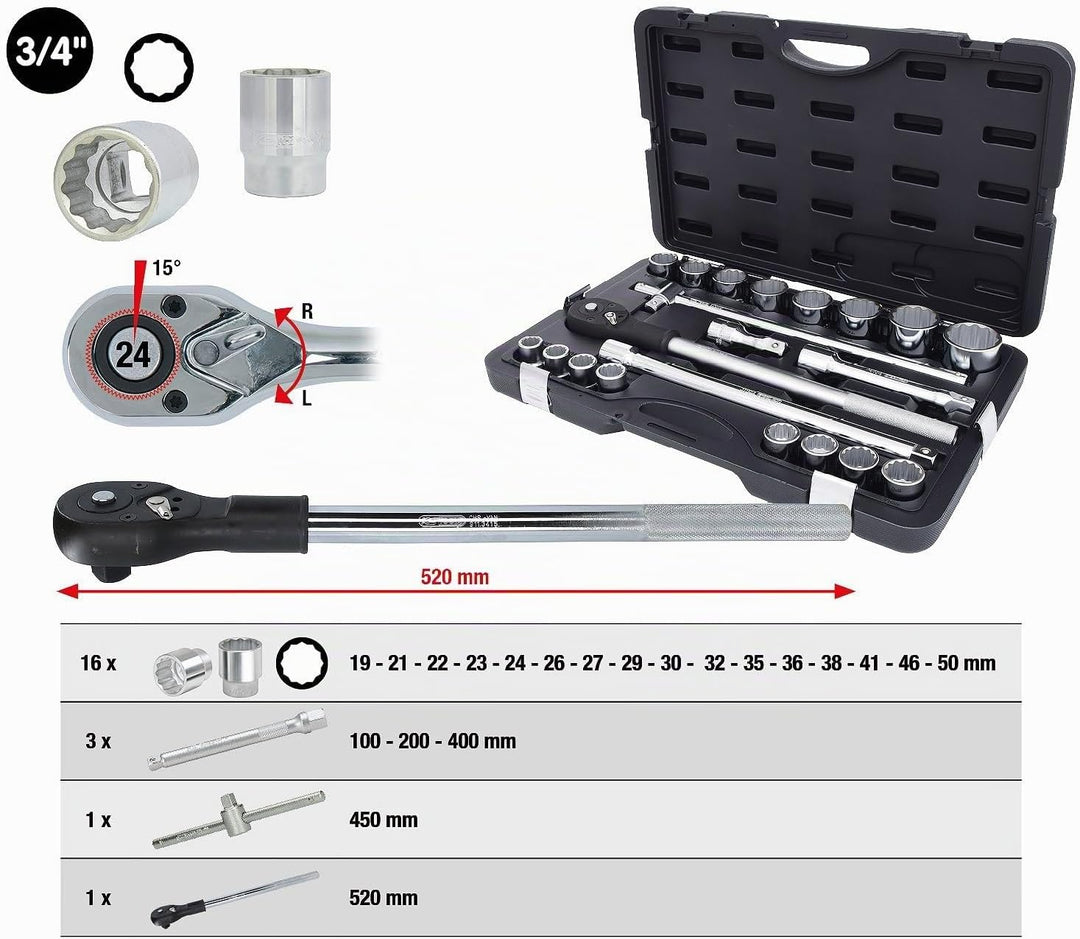 KS Tools 911.0722 3/4 Zoll 12-Kant Steckschlüssel Satz | inklusive Umschaltknarre, 24-Zahn | matt sa