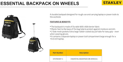 Stanley Essential Rucksack mit Teleskopgriff und Rädern STST83307-1 (15kg Ladefähigkeit, aus 600 Den