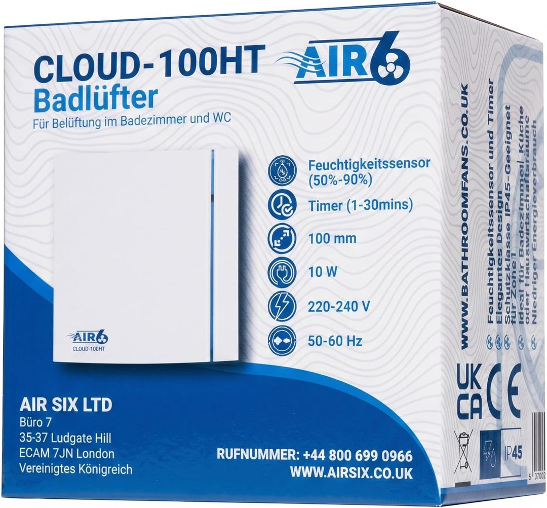AIR 6 Badlüfter 100mm, Abluftventilator Für Badezimmer, WC, Bad Lüfter mit Feuchtigkeitssensor und T