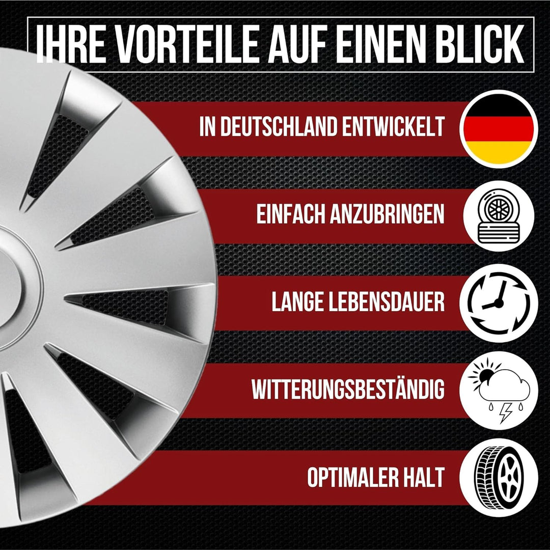 Albrecht 14 Zoll Radkappen silber für Stahlfelgen - Strike Radzierblenden aus hochwertigem Kunststof