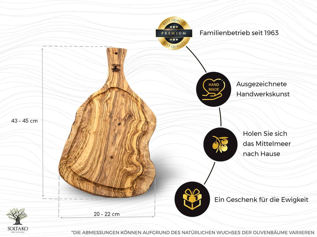 SOLTAKO Olivenholz Steakbrett mit Saftrille "The Smokey BBQ" (43-45 cm) Schneidebrett aus Oliven Hol