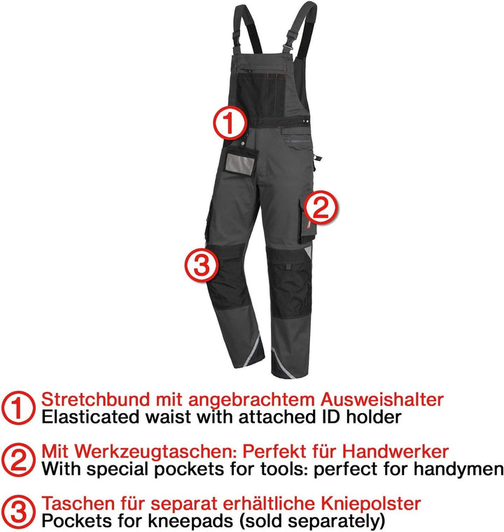 Nitras Motion Tex Pro FX Lange Arbeitshose für Damen/Herren - Latz-Bundhose 42 Grau, 42 Grau