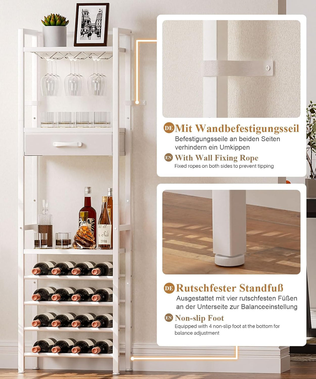 Yorbay Weinregal für 16 Flaschen, 4-Stöckiges Freistehendes Weinregal mit Glashaltere und Schublade,