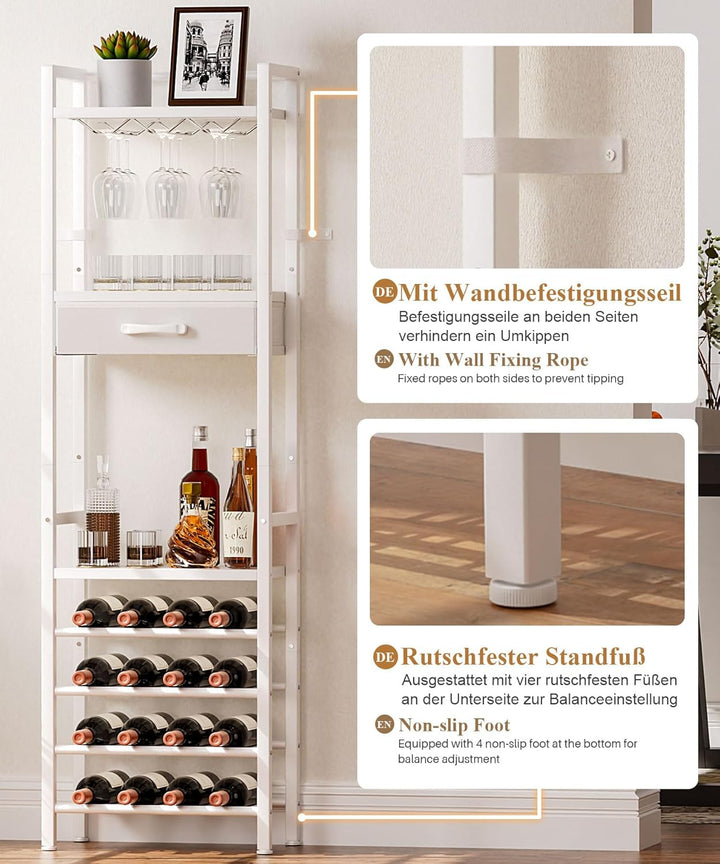 Yorbay Weinregal für 16 Flaschen, 4-Stöckiges Freistehendes Weinregal mit Glashaltere und Schublade,