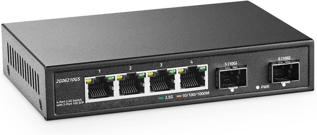 YuLinca 4 Port 2.5G Netzwerk Switch mit 2x10G SFP, 4 x 2.5GBASE-T Ports, kompatibel mit 100/1000/250