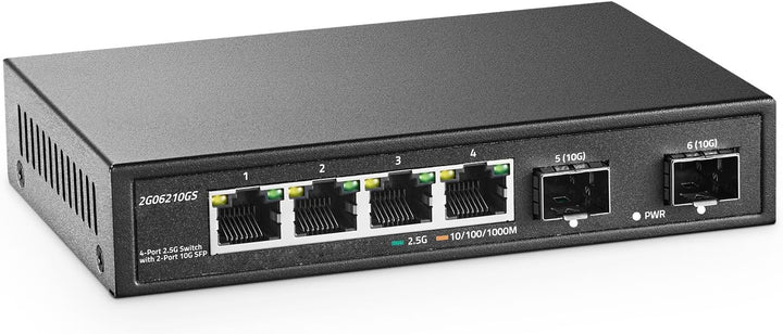 YuLinca 4 Port 2.5G Netzwerk Switch mit 2x10G SFP, 4 x 2.5GBASE-T Ports, kompatibel mit 100/1000/250