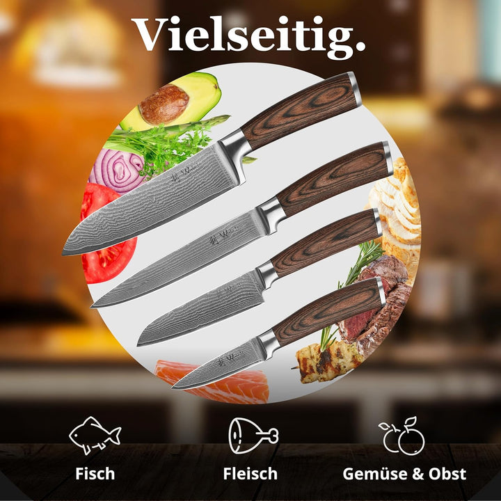 Wakoli 4er Damastmesser-Set mit Klingenlängen von 8,50cm bis 18cm extrem scharf aus 67 Lagen I Profi