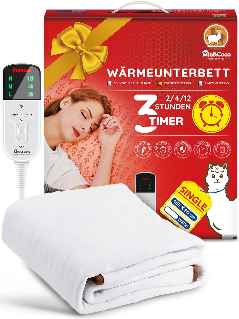 Mia&amp;Coco Heizdecke mit Abschaltautomatik, 150 x 80 cm, Wärmeunterbett mit 12-Stunden-Timer und 3 Wär