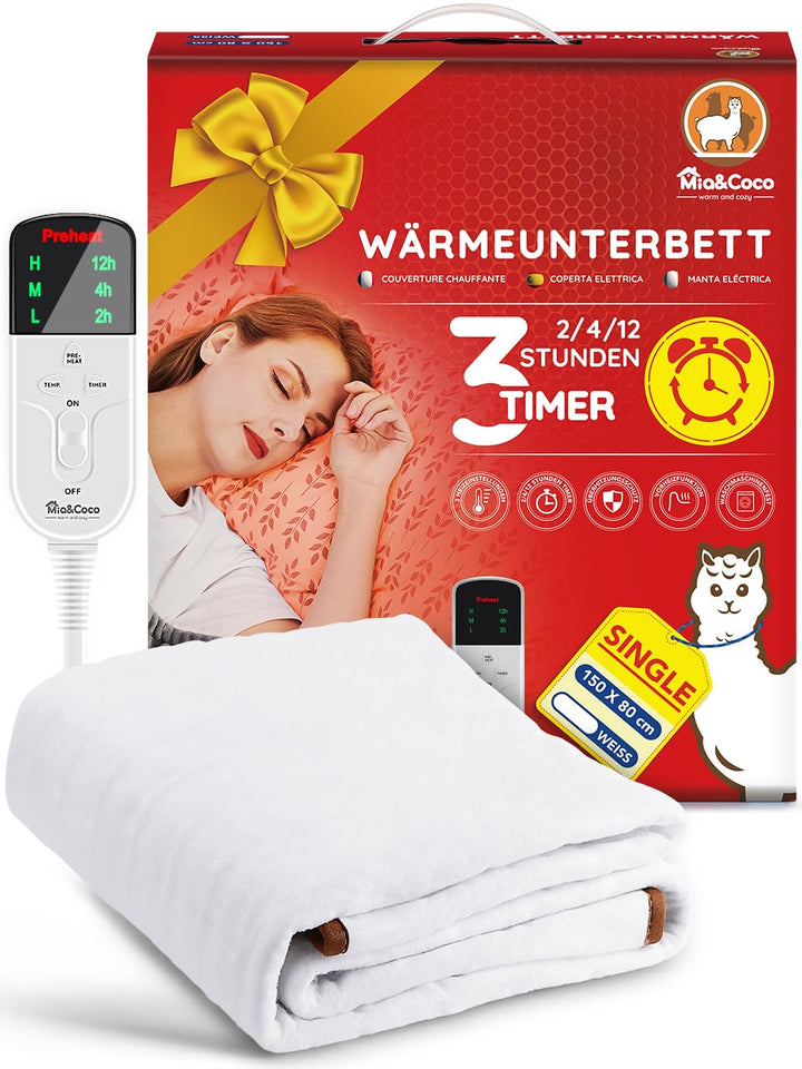 Mia&amp;Coco Heizdecke mit Abschaltautomatik, 150 x 80 cm, Wärmeunterbett mit 12-Stunden-Timer und 3 Wär
