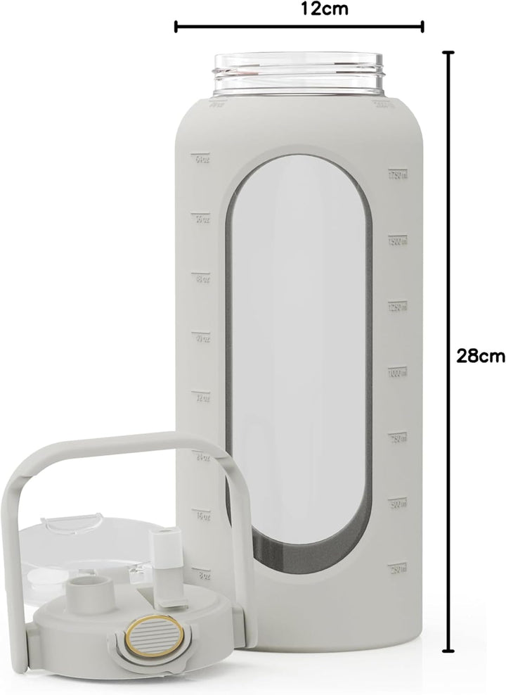 spottle Glasflasche 2 Liter - Trinkflasche 2L Glas mit Strohhalm - Grosse Wasserflasche mit Schutzhü