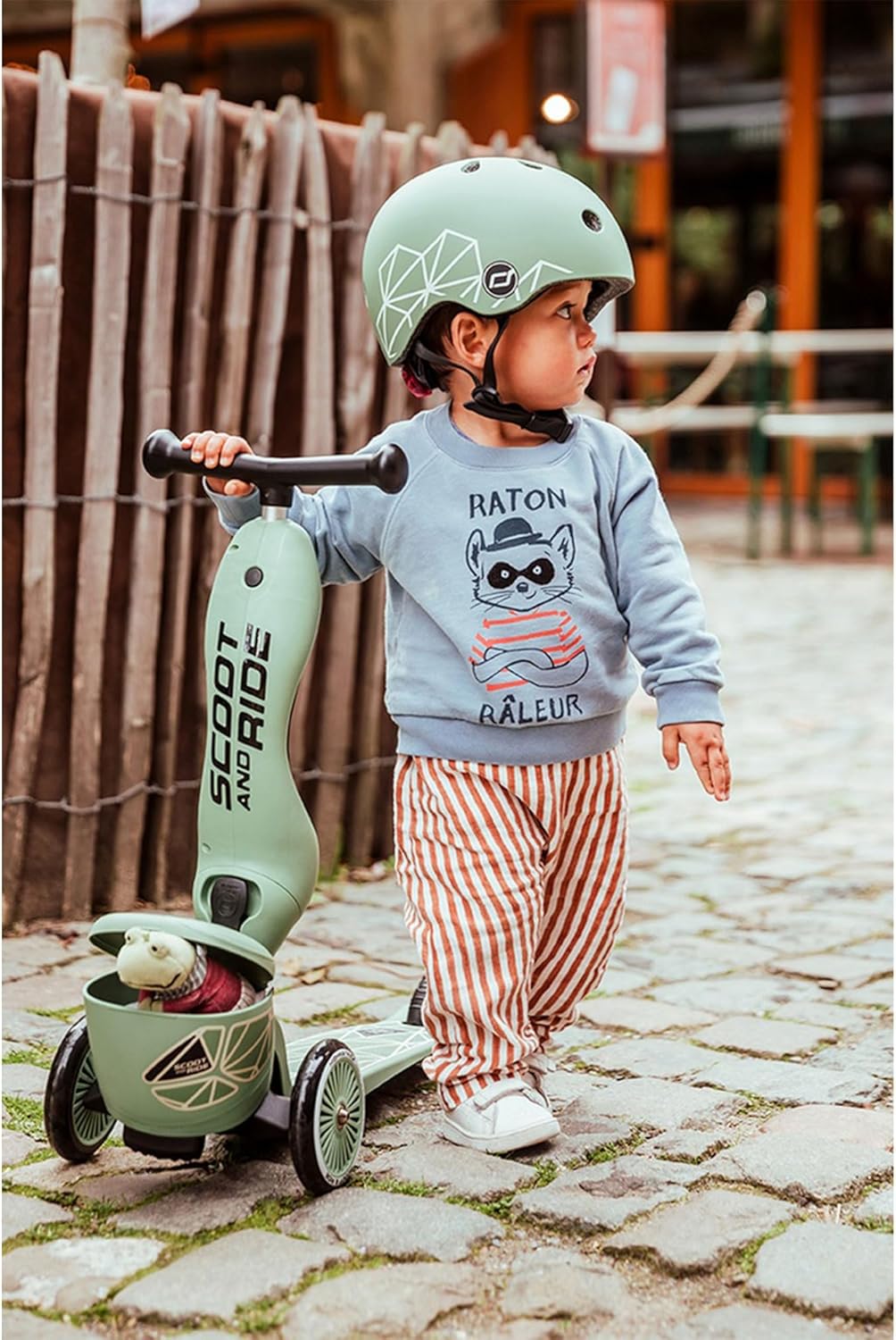 Scoot & Ride Unisex – Babys Highwaykick 1 Lifestyle Kickboard mit Sitz und Behälter… Green Lines, Gr