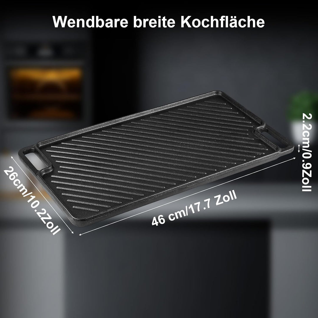 Gusseisen Grillpfanne Set 2-teilig, Vorgewürzte Grillplatte für BBQ