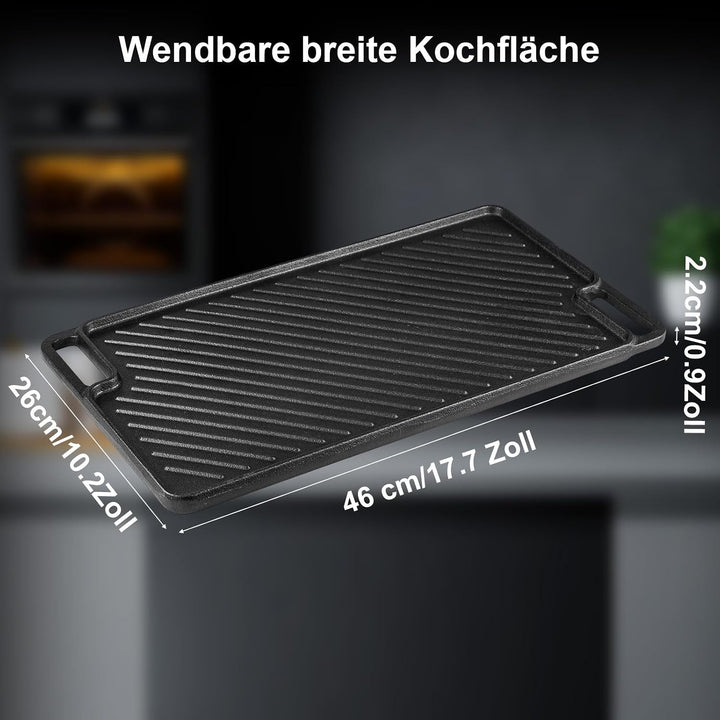 Gusseisen Grillpfanne Set 2-teilig, Vorgewürzte Grillplatte für BBQ