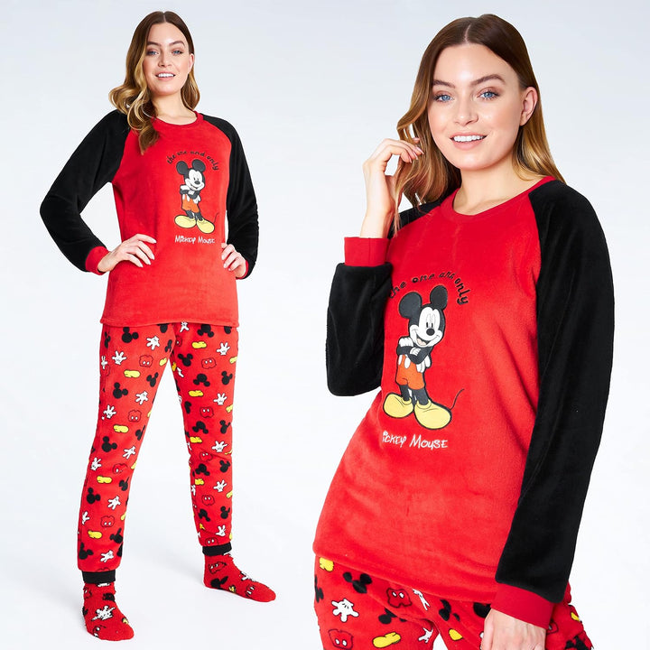Disney Schlafanzug Damen mit Kuschelsocken Set Charaktere Stitch Geschenke Set M Rot Mickey, M Rot M