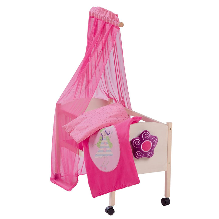 roba Puppenbett Serie 'Happy Fee', Holz natur inkl. textiler Ausstattung, Bettwäsche & Himmel pink P