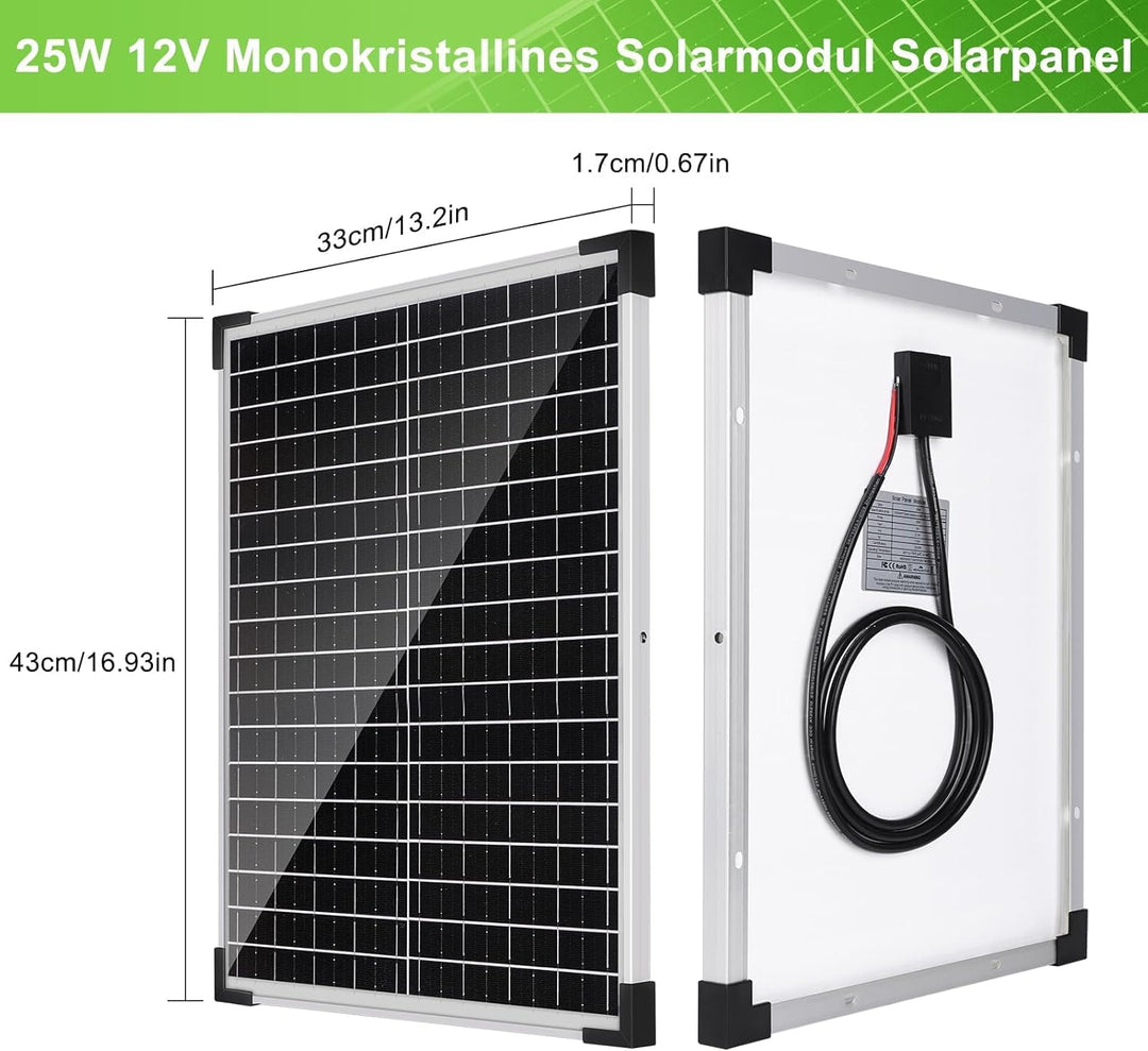 50W Solarpanel 12V Kit: 2x25W Monokristallines Photovoltaik Solarmodul mit 10A Laderegler, 2Pcs Verl