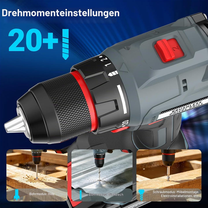 Bürstenlos Akkuschrauber 21V, Akku Bohrschrauber mit 2 Akkus 2.0Ah, 55 Nm, 20+1 Drehmomentstufen, 2