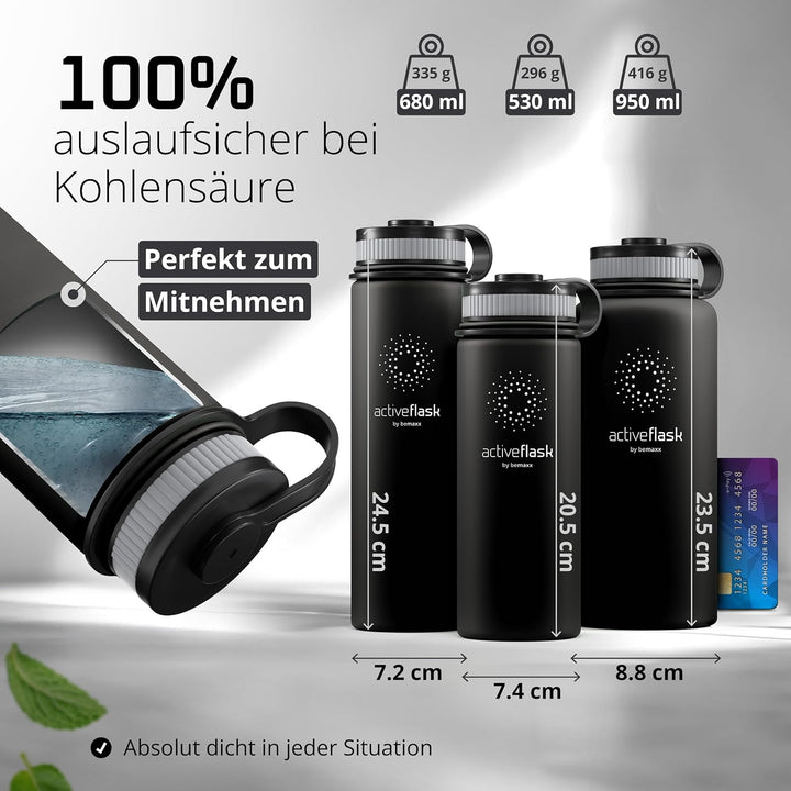 Trinkflasche Edelstahl ACTIVE FLASK + Strohhalm (3 Deckel) BPA-frei, Auslaufsicher, Kohlensäure geei