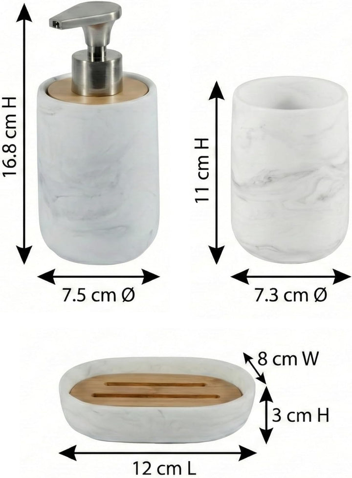 Badezimmer Set 3-teilig - Seifenspender mit Pumpe aus Zinklegierung, Zahnputzbecher und Seifenschale