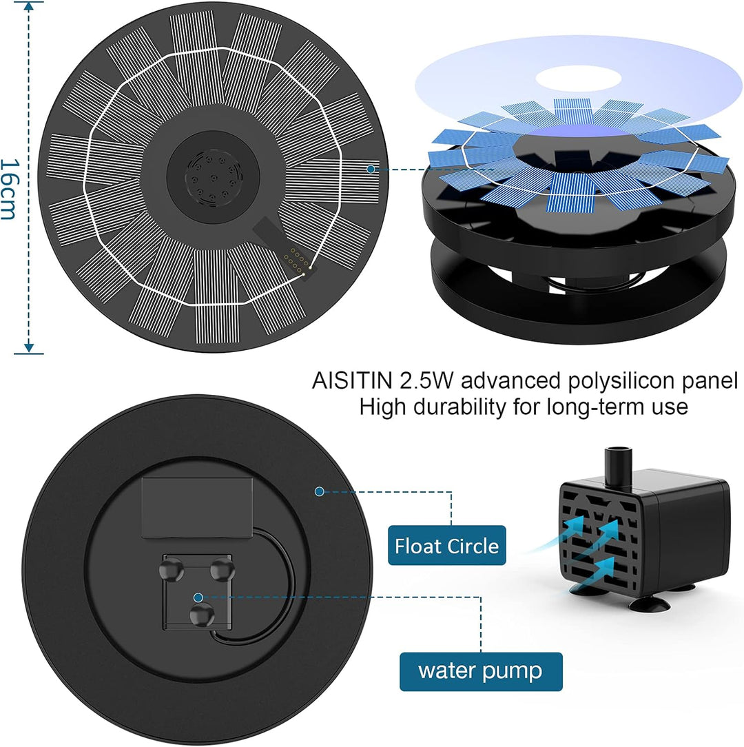 AISITIN 2.5W Solarbrunnen für Draussen Solar Springbrunnen für Aussen mit 6 Effekte Teichpumpe Solar