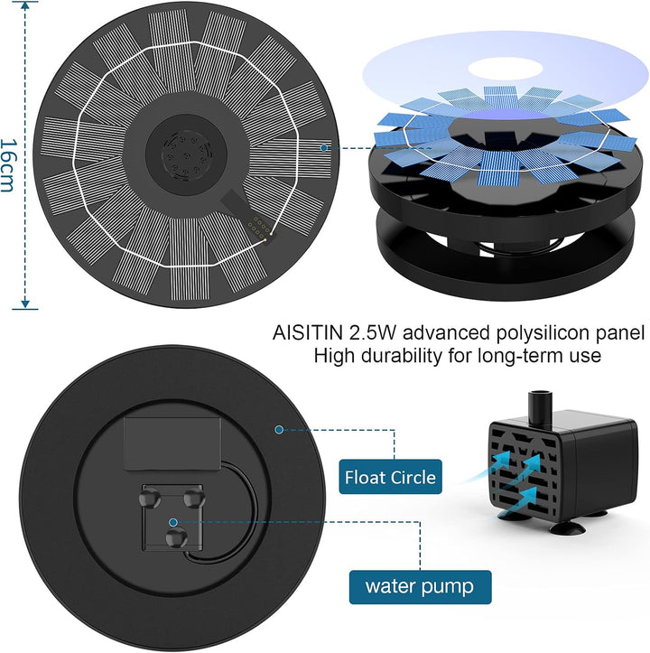 AISITIN 2.5W Solarbrunnen für Draussen Solar Springbrunnen für Aussen mit 6 Effekte Teichpumpe Solar