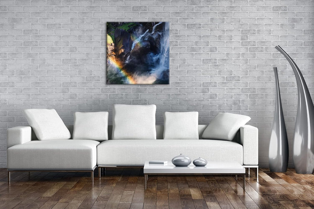 Regenbogen am Wasserfall Format: 60x60 als Leinwandbild, Motiv fertig gerahmt auf Echtholzrahmen, Ho