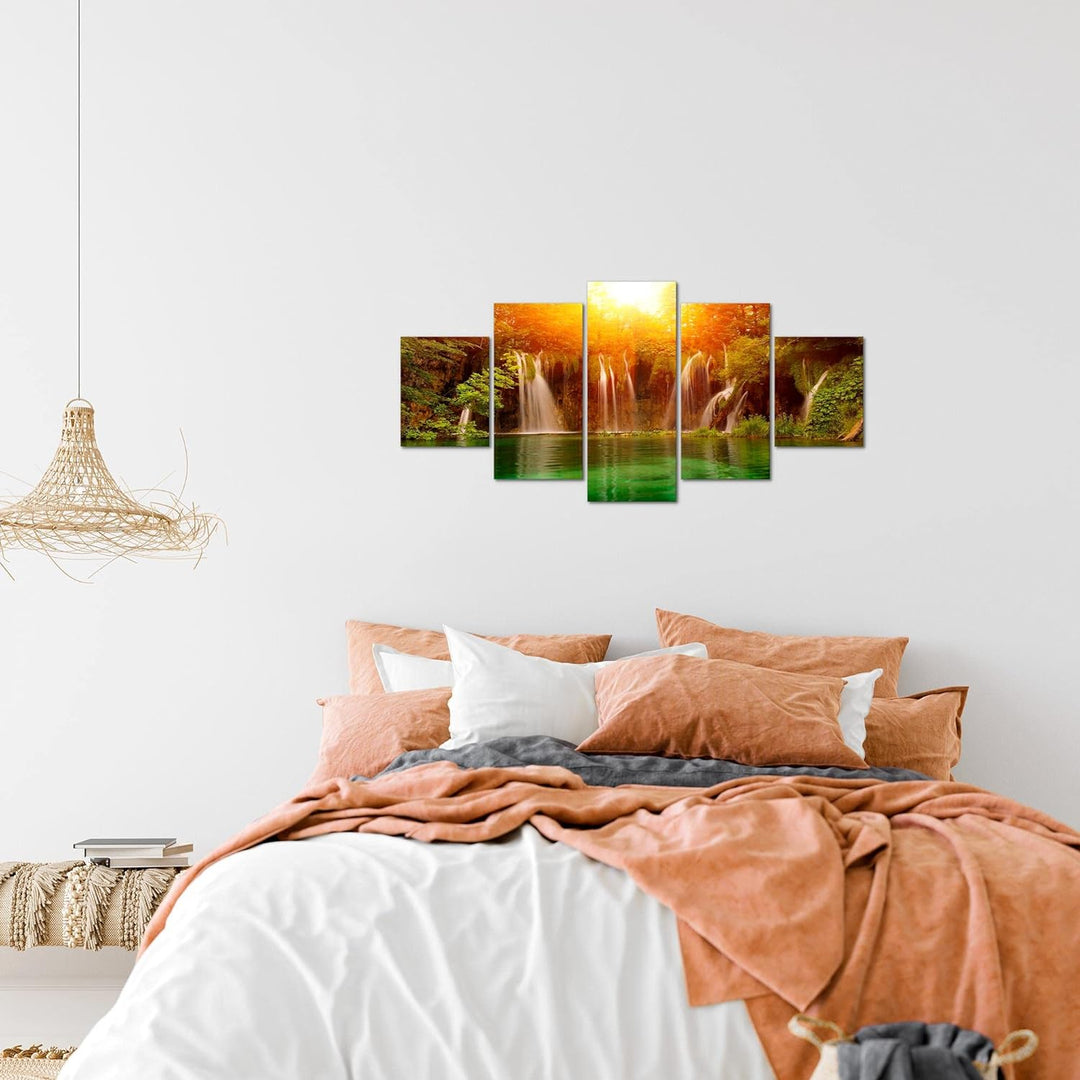 Runa Art Wandbilder Wasserfall Landschaft 5 Teilig Bild auf Vlies Leinwand Deko Schlafzimmer Wohnzim
