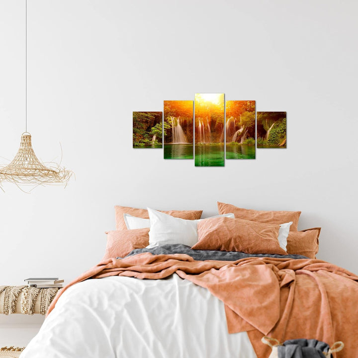 Runa Art Wandbilder Wasserfall Landschaft 5 Teilig Bild auf Vlies Leinwand Deko Schlafzimmer Wohnzim