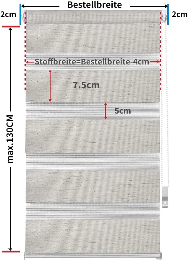 OBdeco Doppelrollo Duo Rollo Klemmfix ohne Bohren B100cm x H130cm(Stoffbreite 96 cm) Leinen für Fens