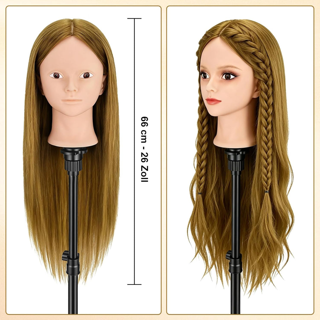 TwoWin Friseurkopf mit Haaren, 26 Zoll (66 cm) 80% Echthaar Mannequin Kopf, Make-up Übungskopf, Trai