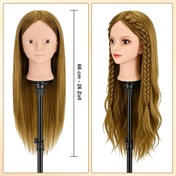 TwoWin Friseurkopf mit Haaren, 26 Zoll (66 cm) 80% Echthaar Mannequin Kopf, Make-up Übungskopf, Trai