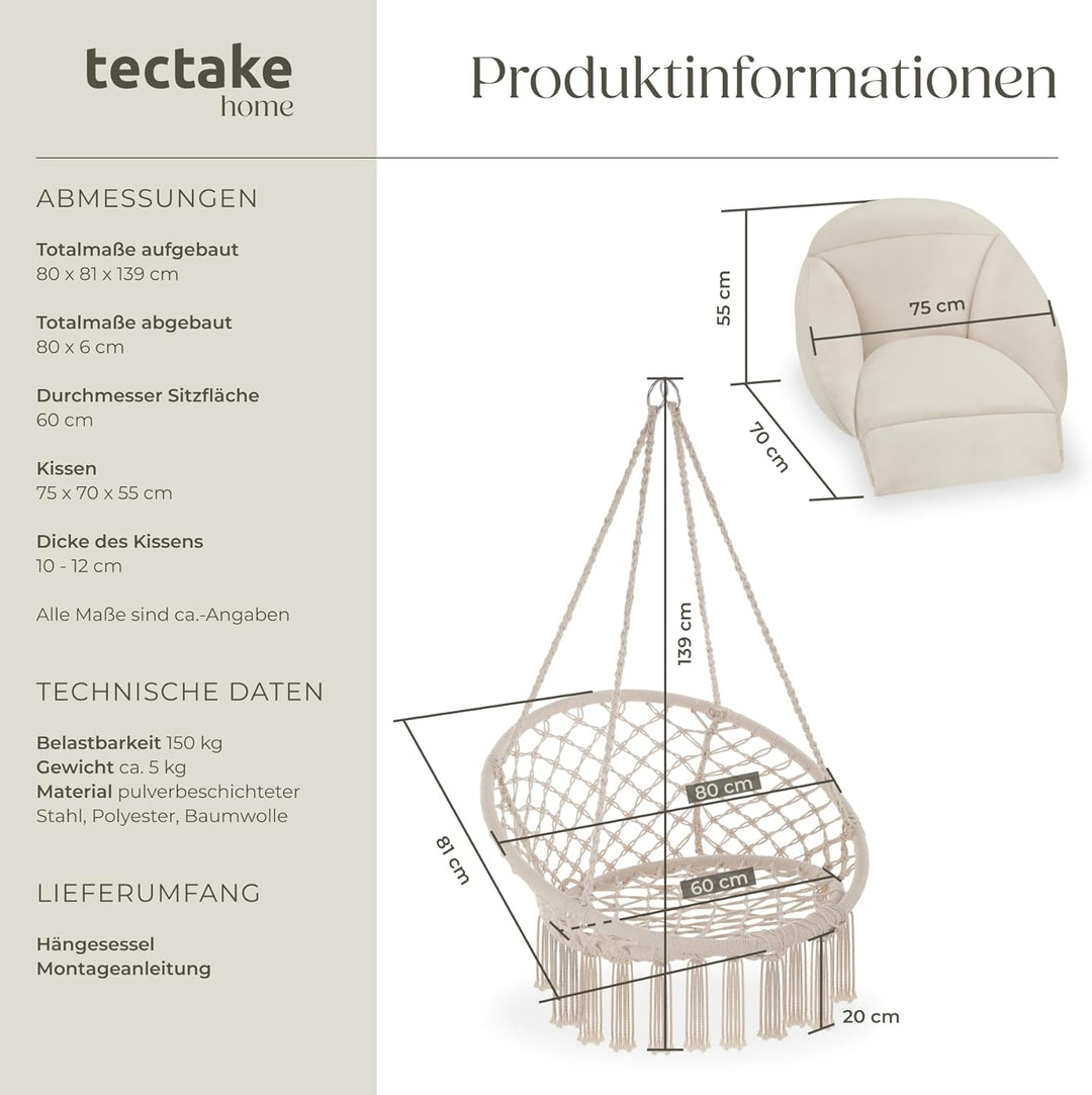 tectake® Hängesessel, Hängeschaukel mit dicken Kissen & Quasten, Boho Hängekorb Ø 80 cm, Hängesessel