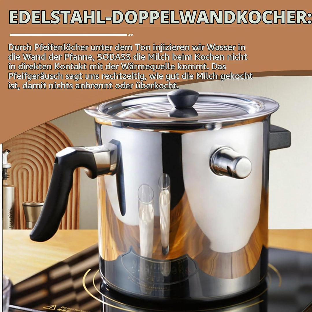 Milchtopf Induktion, 1.5 Liter Edelstahl Milchtopf, Doppelwandig Kochtopf mit Ausgiesser und Glasdec