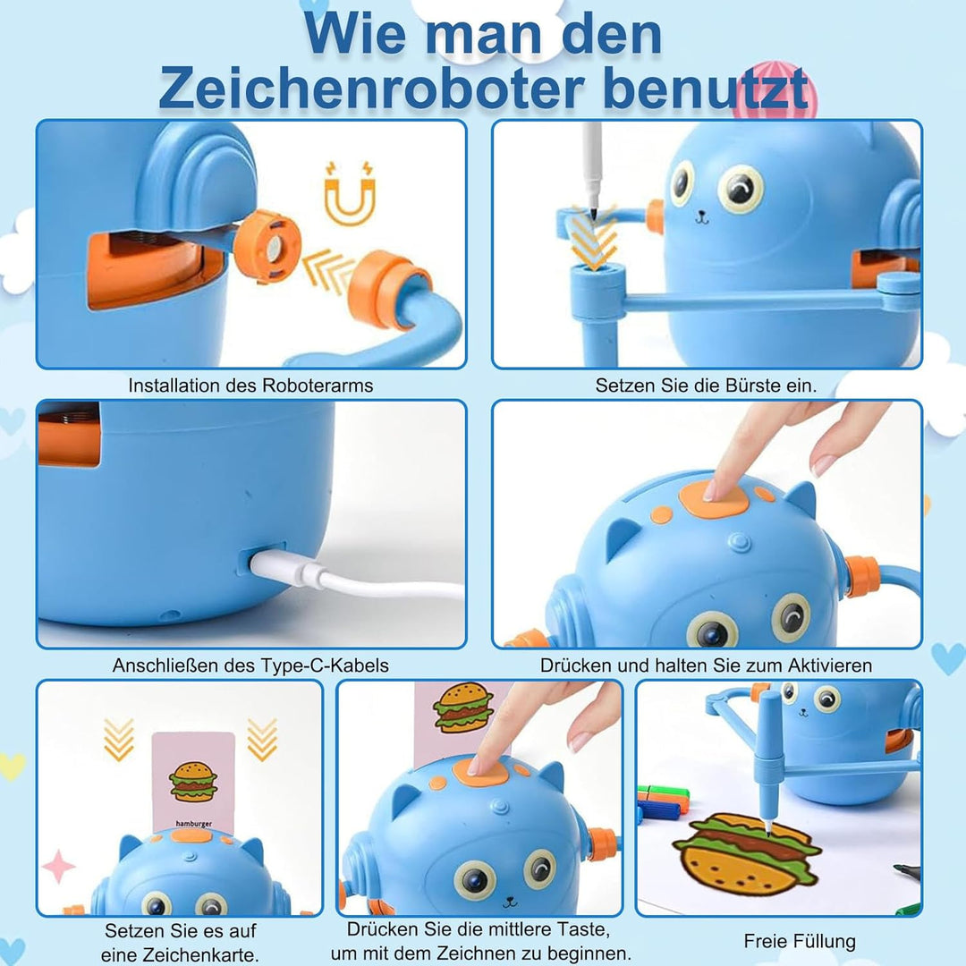 Topiky Magic Zeichenroboter für Kinder ab 3+, Malroboter für Kinder, Interaktiv mit 100 Lernkarten &