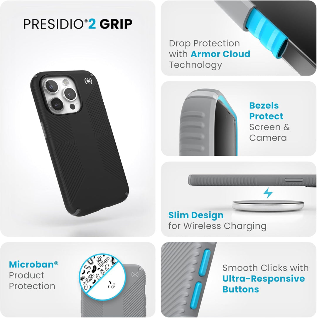 Speck Presidio2 Grip Schutzhülle für iPhone 15 Pro, Fallschutz, griffig, kratzfest, weich, 6,1 Zoll