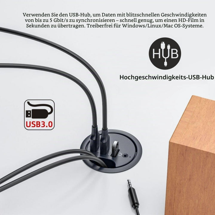 chenyang USB 3.0 Unterputz Desktop Hub,3 USB 3.0 Port Hub Tüllenloch 2,36 Zoll (60 mm) mit 3,5mm Aud