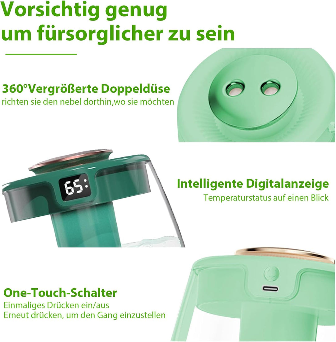 Luftbefeuchter, 1L Leise Humidifier mit 2 Loch, Luftbefeuchter mit leiser USB-Digitalanzeige, 2 Nebe