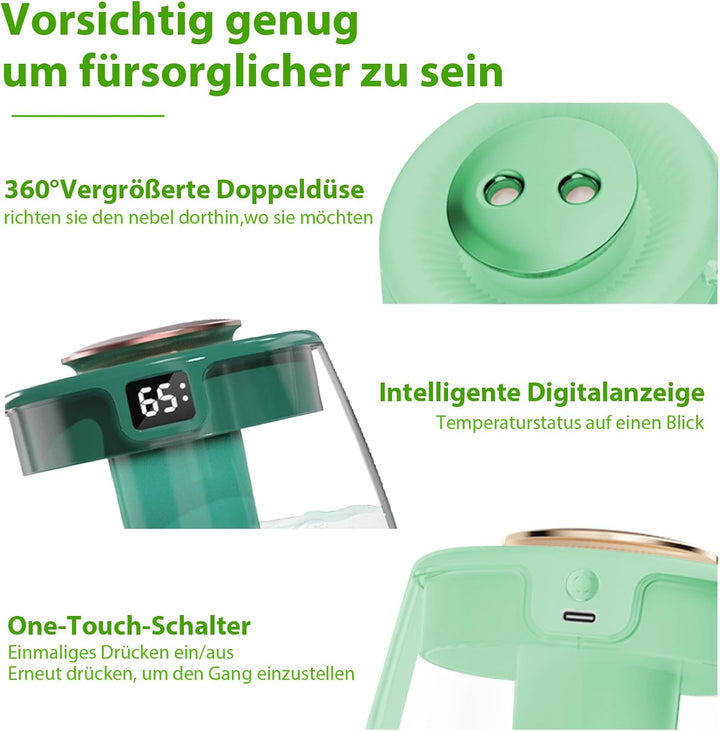 Luftbefeuchter, 1L Leise Humidifier mit 2 Loch, Luftbefeuchter mit leiser USB-Digitalanzeige, 2 Nebe
