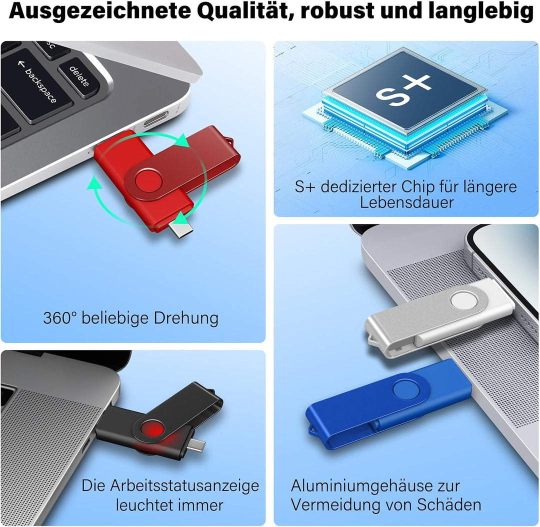 TEWENE USB C Stick 16GB 10er-Pack, USB 2.0 Speicherstick Flash Drive | Drehbares 2-in-1 USB-A &amp; USB-