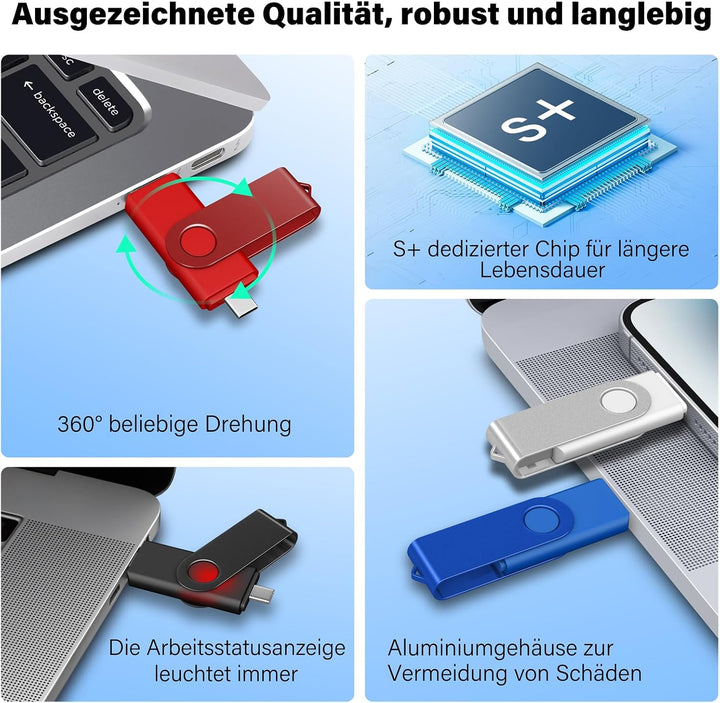 TEWENE USB C Stick 16GB 10er-Pack, USB 2.0 Speicherstick Flash Drive | Drehbares 2-in-1 USB-A &amp; USB-