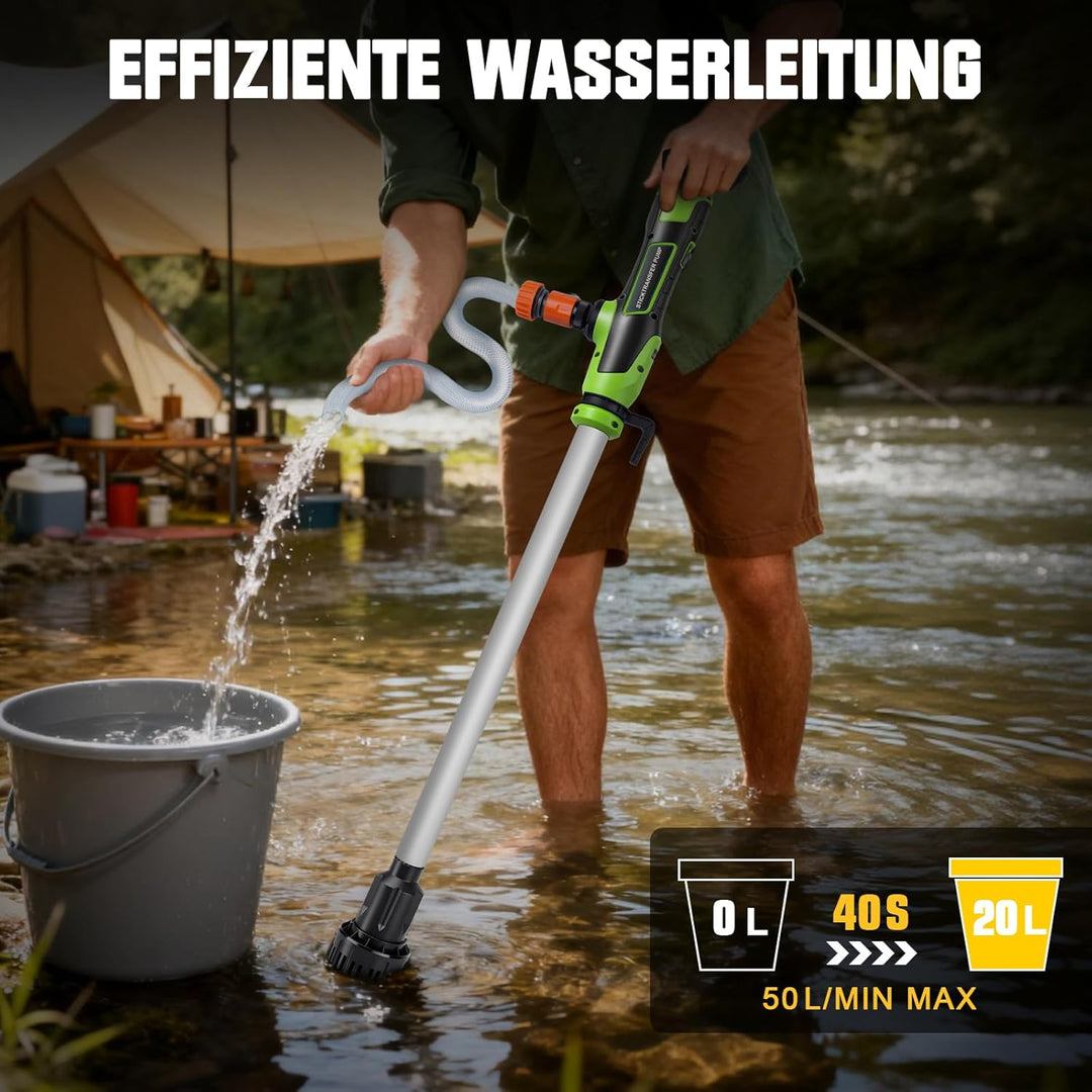 Akku Regenfasspumpe Wasserpumpe mit 2xAkkus, Kabellose Stab-Wasserpumpe, Max. Förderleistung 3000 L/