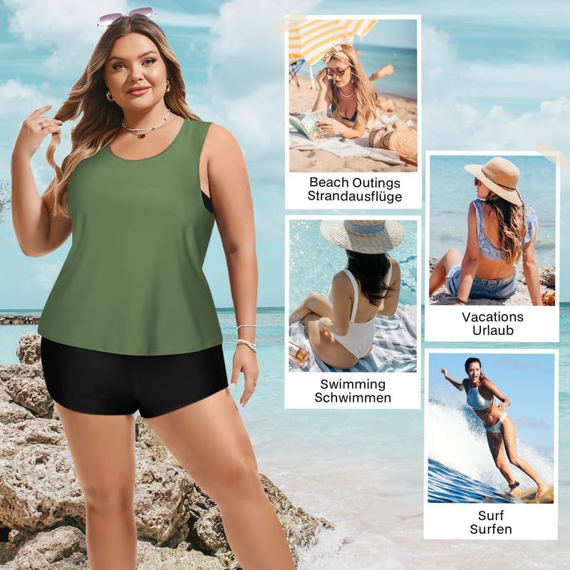 Hanna Nikole Tankini Damen Sportlich Grosse Grössen Dreiteilig Tank Aushöhlen Oberteil mit Boyshorts