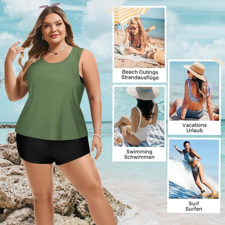 Hanna Nikole Tankini Damen Sportlich Grosse Grössen Dreiteilig Tank Aushöhlen Oberteil mit Boyshorts