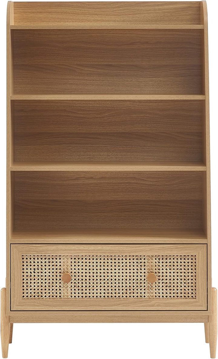 BAÏTA Kinderregal Pablo Eichenoptik und Rattangeflecht, H140cm, Buchenholz