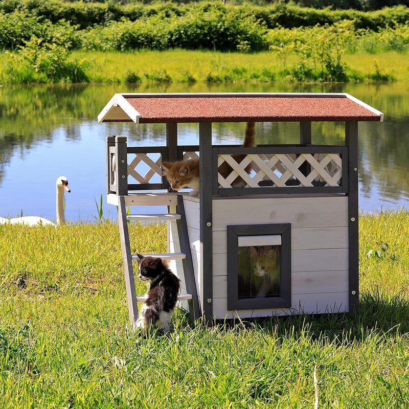 lionto Katzenhaus Lodge Holz für Katzen mit Terrasse und Treppe 77x50x73 cm, grau/weiss, Grau/Weiss