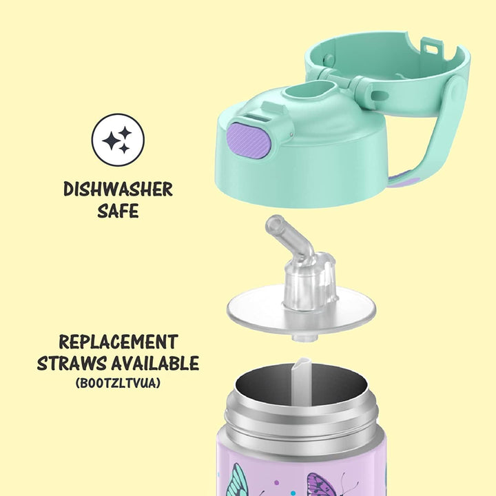 THERMOS Funtainer Kinder-Strohhalmflasche, Edelstahl, vakuumisoliert, 340 ml, Schmetterlingsfrenzy F