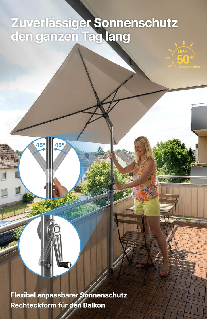 4smile SunnyShade Sonnenschirm Balkon mit Halterung im 3-er-Set, 210x140 cm,UV 50+, Taupe, Balkonsch